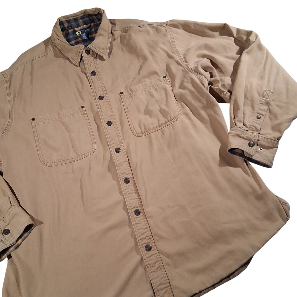 Duck Head Mens XXL Flannel Lined Canvas Shirt Jacket Tan Khaki Plaid Rugged Work